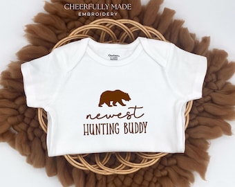 Embroidered Newest Hunting Buddy, Bear Hunting ONESIES® Brand, Pregnancy Announcement to Husband, Baby Announcement, Baby Shower Gift