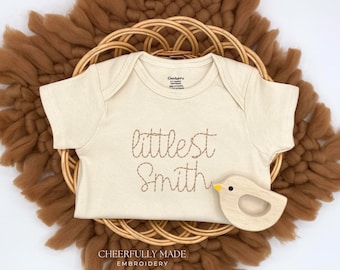 Embroidered Personalized Littlest Lastname ONESIES® Brand, Pregnancy Announcement Bodysuit, Custom Baby Announcement ONESIES® Hand Stitched