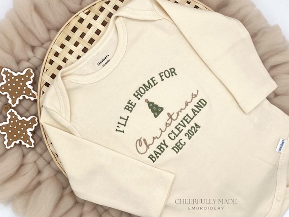 Embroidered  I’ll be Home for Christmas Baby Custom Name Date Bodysuit, Christmas Baby Announcement, December Baby Announcement, Winter Baby