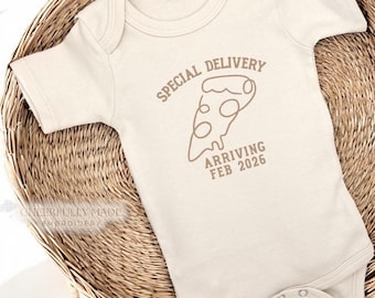 Embroidered Special Delivery Arriving Custom Date ONESIES® Brand, Pizza Pregnancy Announcement, Suprise Baby Announcement to Grandparents