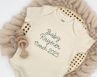 Hand Stitched Baby Name Pregnancy Announcement Bodysuit, Custom Baby Name and Due Date, Neutral Baby Clothing, Hand Embroidered Style