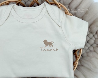 Embroidered Mini Lion Baby Name Bodysuit, Left-Chest Mini Animal with Name, Personalized ONESIES® Baby Name, Script Name, Custom Tiny Animal