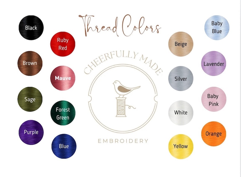 Op de afbeelding: Een kleurenkaart met garenkleuren voor borduurwerk, met de woorden "Thread Colors" en "Cheerfully Made Embroidery" bovenaan. De kleuren omvatten zwart, bruin, salie, paars, blauw, robijnrood, mauve, bosgroen, beige, zilver, wit, geel, babyblauw, lavendel, babyroze en oranje.
