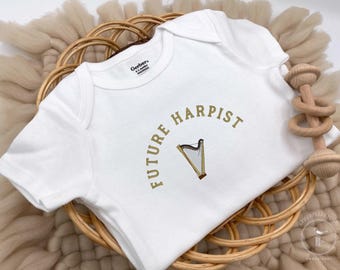 Embroidered Future Harpist Bodysuit, Harp Bodysuit, Cute Harp Pregnancy Announcement to Musician, Born to Play a Harp, Music Baby Gifts