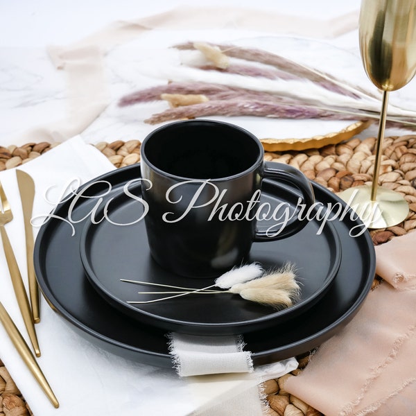 Digital Download Style Photo, Matte Black and Gold Dinner Set Mockup, Plate Mockup, Name Plate Mockup, Wedding Mockup, Menu Mockup