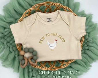 Embroidered Chicken New to the Coop Bodysuit  Pregnancy Announcement, Chicken Bodysuit, Chicken Baby Bodysuit, Farm Baby Announcement Gift