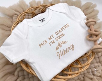Embroidered Pack my Diapers I’m Going Hiking Bodysuit, Hiking Pregnancy Announcement, Outdoorsy Baby Shower, Newest Hiking Buddy Bodysuit