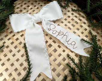 Embroidered Personalized Picot Trim Bow, Cute Name Bow, Cheer Bow, Event Girl Bow Customized with Name, Game Day Bow, Girl’s Christmas Bow