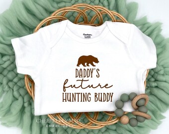 Embroidered Daddy’s Future Hunting Buddy, Bear Hunting Bodysuit, Pregnancy Announcement to Husband, Hunting Baby Announcement, Bear Hunting