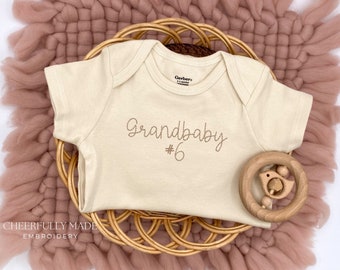 Embroidered Grandbaby #6 Bodysuit, Custom Number Grandbaby, Hand stitched Pregnancy Announcement to Grandparents , Grandbaby Announcement