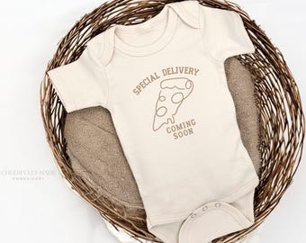Embroidered Special Delivery Arriving COMING SOON Bodysuit, Pizza Pregnancy Announcement, Suprise Baby Announcement to Daddy, Baby Reveal