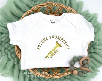 Embroidered Future Trumpetist Bodysuit, Trumpet Bodysuit, Cute Trumpet Pregnancy Announcement to Musician, Born to Play a Trumpet Music Baby