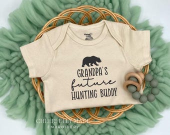 Embroidered Grandpa’s Future Hunting Buddy, Bear Hunting ONESIES® Brand, Pregnancy Announcement to Grandpa, Bear Hunting Baby Announcement