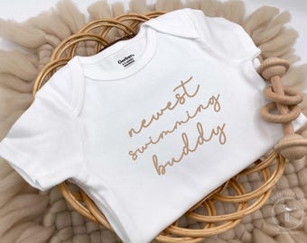 Embroidered newest swimming buddy Bodysuit, Swimmer Pregnancy Announcement, Sporty Baby Announcement, Baby Shower Swimmer Gift, Swim buddy