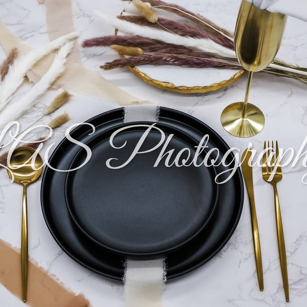 Digital Download Style Photo, Matte Black and Gold Dinner Set Mockup, Luxury Plate Mockup, Name Plate Mockup, Wedding Mockup, Menu Mockup