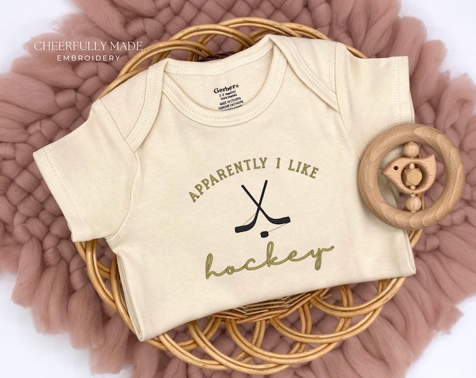 Embroidered Apparently I Like Hockey Bodysuit, Funny Hockey Bodysuit, Hockey Pregnancy Reveal Grandparents Announcement, New Hockey Fan