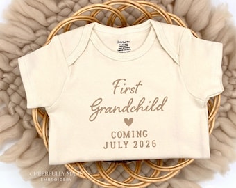 Embroidered First GrandChild coming Date Bodysuit, Grandparents Pregnancy Announcement Gift, Grandbaby Announcement, Hello Grandparents