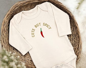 Embroidered Cute but Spicy Bodysuit with Pepper, Funny Baby Bodysuits, Baby Shower Gifts, Hot Pepper Bodysuit, Humorous Food Bodysuits