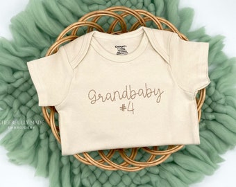 Embroidered Grandbaby #4 Bodysuit, Custom Number Grandbaby, Hand stitched Pregnancy Announcement to Grandparents , Grandbaby Announcement
