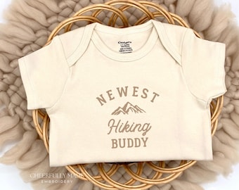 Embroidered Newest Hiking Buddy Bodysuit, Hiking Pregnancy Announcement, Outdoorsy Baby Shower, Mommy’s Hiking Buddy Bodysuit, Hi Daddy Gift