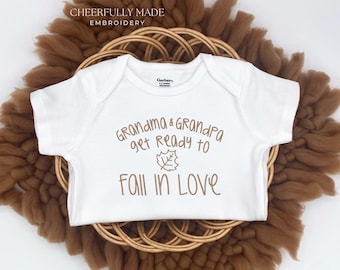 Embroidered Grandma and Grandpa get ready to Fall in Love Bodysuit, Fall Pregnancy Announcement, Grandparents Pregnancy Announcement Fall
