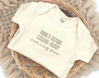 Embroidered Papa’s Future Fishing Buddy Coming Soon Bodysuit, Cute Pregnancy Announcement to Grandpa, Daddy’s Fishing Buddy, Fishing Theme