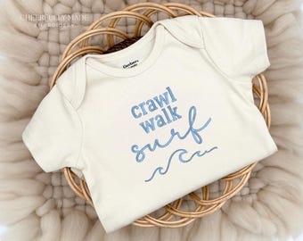 Embroidered crawl walk surf Bodysuit, Cute Bodysuit, Summer Bodysuit Beach Baby Vacation Bodysuit, Summer Baby Shower Gift, Surfing Waves