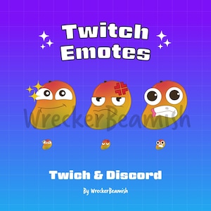 May include: A graphic featuring three mango-shaped Twitch emotes with various expressions: happy, angry, and stressed. The text "Twitch Emotes" and "Twitch & Discord" are displayed. The background is a gradient of purple and blue.