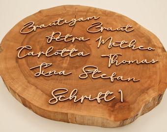 Platznamen, Platzkärtchen, Platzkarten, Tischnamen, Schriftzug personalisiert für Hochzeit, Geburtstag, Taufe als Tischdekoration aus Holz