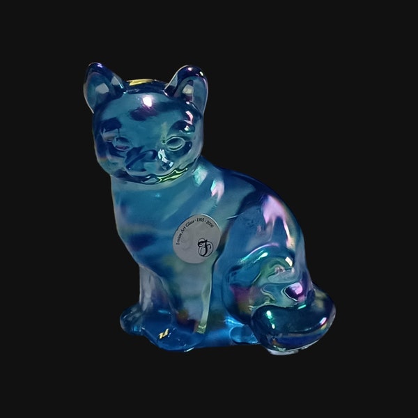 Fenton Cat Figurine Light Blue Carnival Glass Iridescent Signed on the Side with Fenton 95th Anniversary Sticker on the Chest Vintage 2000