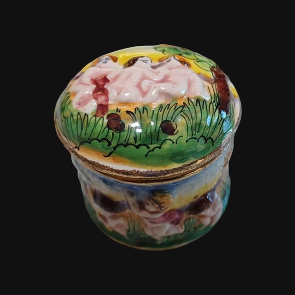 Capodimonte Trinket Box Round Handpainted Porcelain Cherubs Made in Italy Old World Style