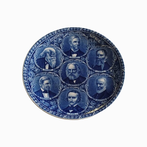 Staffordshire Plate Great American Poets Rowland and Marsellus England Blue and White Poe Longfellow Emerson Whittier Lowell Holmes Bryant