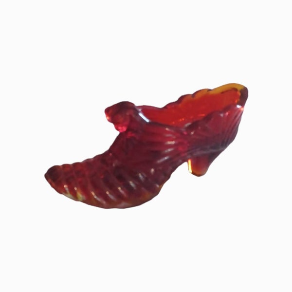 Fenton Ruby Red Amberina Art Glass Vintage Cat Slipper Shoe with Original Sticker and Box