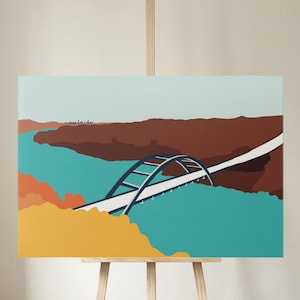 Mid Century Modern Landscape Print  Austin Pennybacker Bridge Wall Art, Texas Home Decor
