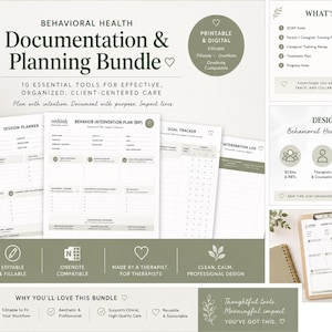 May include: A behavioral health documentation and planning bundle featuring printable and digital templates for professionals. Includes a session planner, behavior intervention plan, goal tracker, and care coordination log with a clean, professional design.
