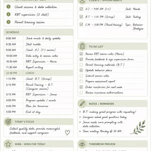 May include: A daily planner template with a sage green and white color scheme, featuring sections for top priorities, appointments, a schedule from 8:00 AM to 5:00 PM, a to-do list, notes, wins, and a tomorrow preview, decorated with leaf illustrations.