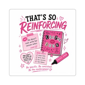 May include: A square sticker featuring the text THAT'S SO REINFORCING in black and pink. It includes a pink spiral-bound COOPER BOOK, a pink marker labelled BEHAVIOR > OPINION, and three pink notes with text including BCBA RULES and heart icons.