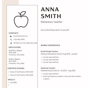 May include: A black and white resume with a red apple icon. The resume is for Anna Smith, an Elementary Teacher. The resume includes contact information, education, work experience, certifications, skills, languages, awards, and professional development.