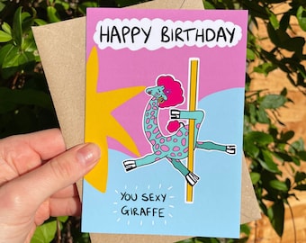 POLE DANCE GIRAFFE birthday card | cheeky giraffe card silly card quirky giraffe card pole dancing pole dance A6 personalised