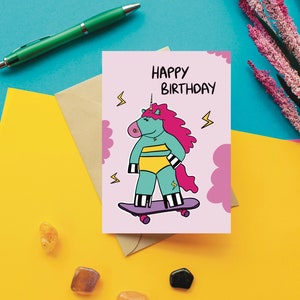 SKATEBOARD UNICORN BIRTHDAY unicorn card, fun unicorn card, skateboarding unicorn, skateboard card, skateboarding, A6 personalised image 1