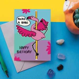 POLE DANCING FLAMINGO Happy Birthday Card | flamingo card, pole dance card, pole dancing card, pole dancing flamingo, A6 personalised