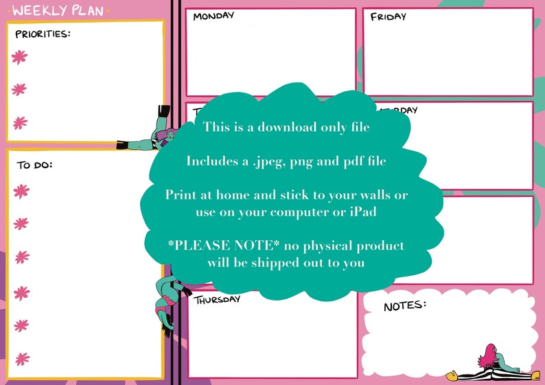 WEEKLY PLANNER Printable A4 Size Fun, Colourful Quirky Art Digital ...
