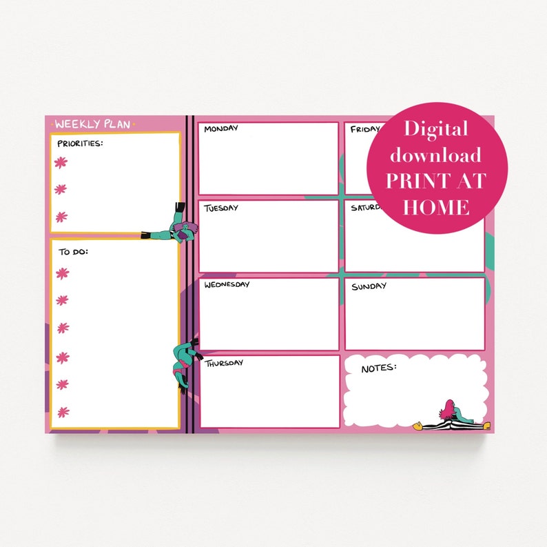 WEEKLY PLANNER Printable A4 Size Fun, Colourful Quirky Art Digital ...