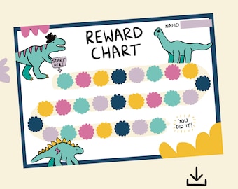 May include: A colorful reward chart with the words "REWARD CHART" in large black letters. The chart features cartoon dinosaurs, a space for a name, and a path of colorful flower-shaped spaces for stickers. The words "START HERE" and "YOU DID IT!" are also included.