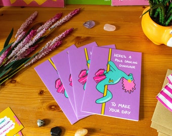 PACK OF 4 Pole dancing dinosaur A6 cards | dinosaur cards, quirky cards, pole dance cards, pole dancing cards