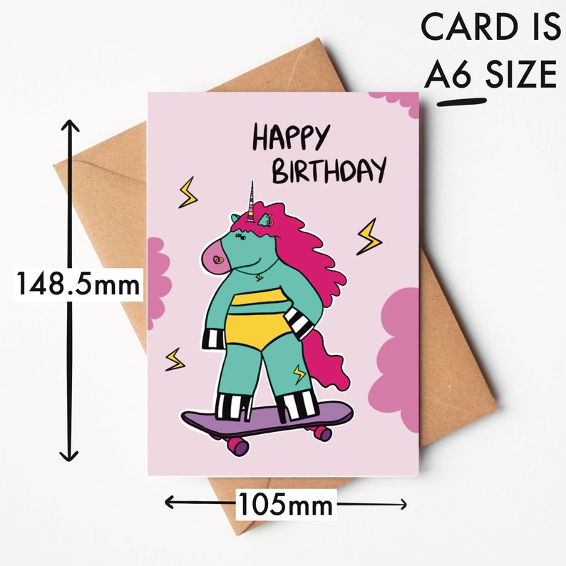 SKATEBOARD UNICORN BIRTHDAY unicorn card, fun unicorn card, skateboarding unicorn, skateboard card, skateboarding, A6 personalised image 2