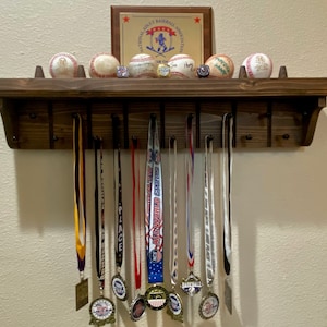 Baseball Medal Rack Display for Game Balls Medals Rings Plaques and Small Trophies Handmade Wood Peg Rack with Shelf for Other Items