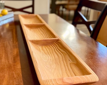 Sectioned Redwood Dough Bowl Three Bowls in One Wooden Serving Dish Wood Food Tray Wood Centerpiece Candle Holder 42 Total Inches Long