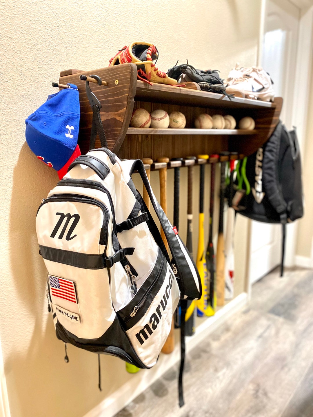 Baseball Bat Rack, Glove and Hat Storage, Baseball Gear Organizer