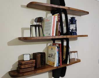 Estantería industrial para libros, estantería de madera maciza, estantería rústica de 3 niveles, estanterías para libros de metal y madera, estanterías de madera de pino, madera real, nogal